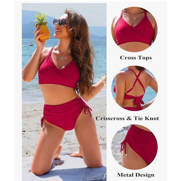 Womens Tummy Control Bathing Suit Modest High Waisted Bikini Set red size Medium - Picture 3 of 15